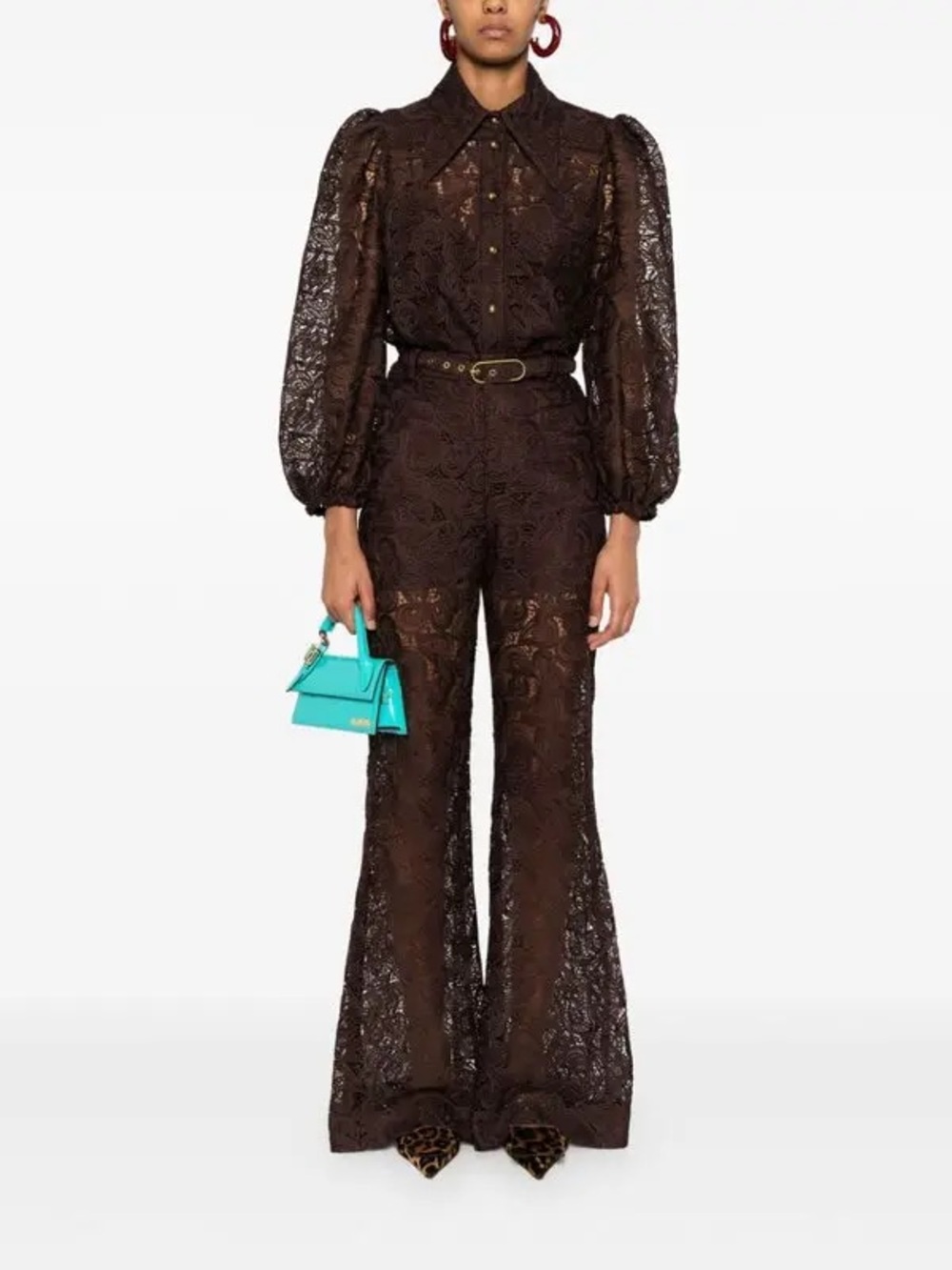 Zimmermann Chocolate Brown Lace Long-Sleeve shirt & belted flare pant